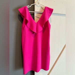2 Hearts- Hot Pink V neck dress with Ruffle, Size Large, worn once to a Wedding.